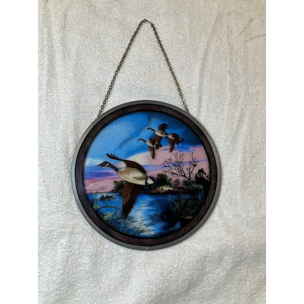 Vintage Stained Glass Geese Outdoor Wildlife Birds Round Window Sun-Catcher